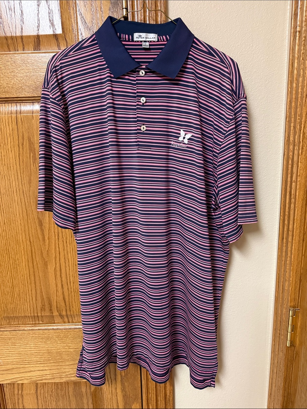 Peter Millar Pink and Navy Striped Polo with Navy Collar
